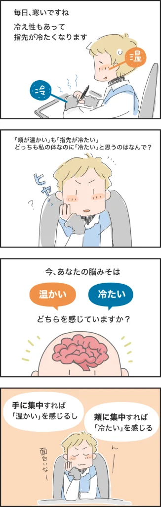 指先が冷たくて頬が熱いなーと言うところから始まった、時々やっている、頭の体操というか、思考の休憩の様子。4コマ漫画。頬から感じるか、指先から感じるか。正解はない。