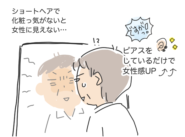 金属アレルギー対応で、はずれにくいピアス【4コマ】鏡に、おじさんが写っているのに、唖然としているところ| マツキヨコの絵日記　アイキャッチ画像