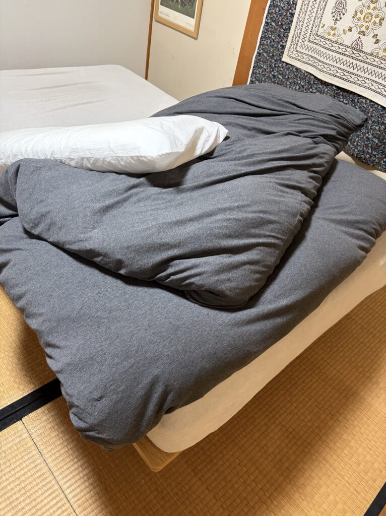 通販生活のダニ捕りマットが優秀な件、ダニ取りマットを設置しているベッドの写真 | マツキヨコの絵日記