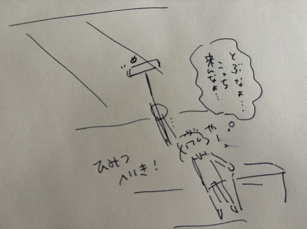 天井にひっついたカメムシをコロコロで取るところ | マツキヨコの絵日記