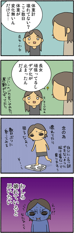長女と体重計と私。４コマ漫画【アトリエ・マツ】マツキヨコ、イラスト、広告マンガ制作