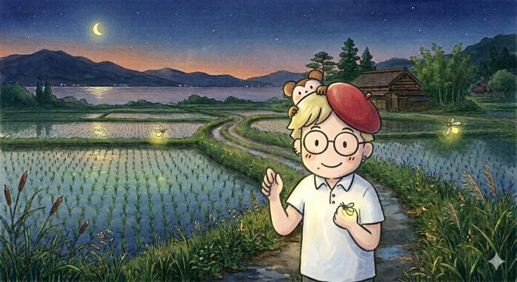 琵琶湖の田んぼで、蛍を見学するところのイラスト。 | マツキヨコの絵日記