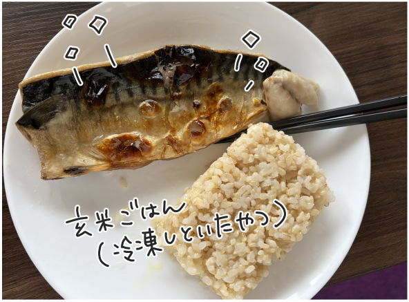 鯖の塩焼きと、玄米ご飯の写真 | マツキヨコの絵日記