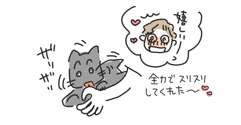 黒猫に手を舐められて、嬉しいと喜んでいるところのイラスト。マツキヨコ