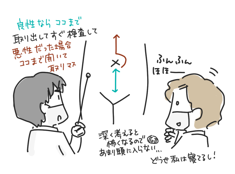 卵巣腫瘍の手術の説明を受けているところのイラスト。お腹のどこを切るのか→をつけて説明中の先生と説明を聞くマツキヨコ