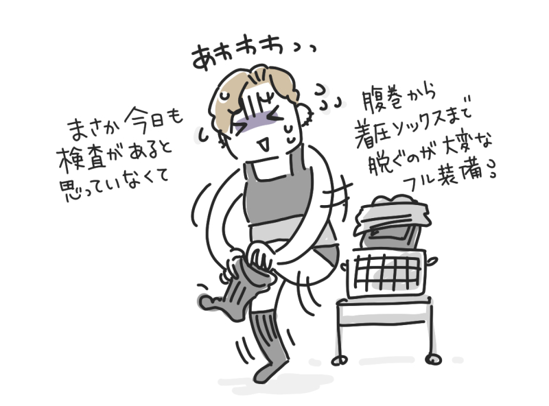 「あわわわ!まさか今日も検査があると思っていなくて、原巻から着ソックスまで脱ぐのが大変な。フル装備。」脱ぐのに苦労しているところのイラスト。マツキヨコ