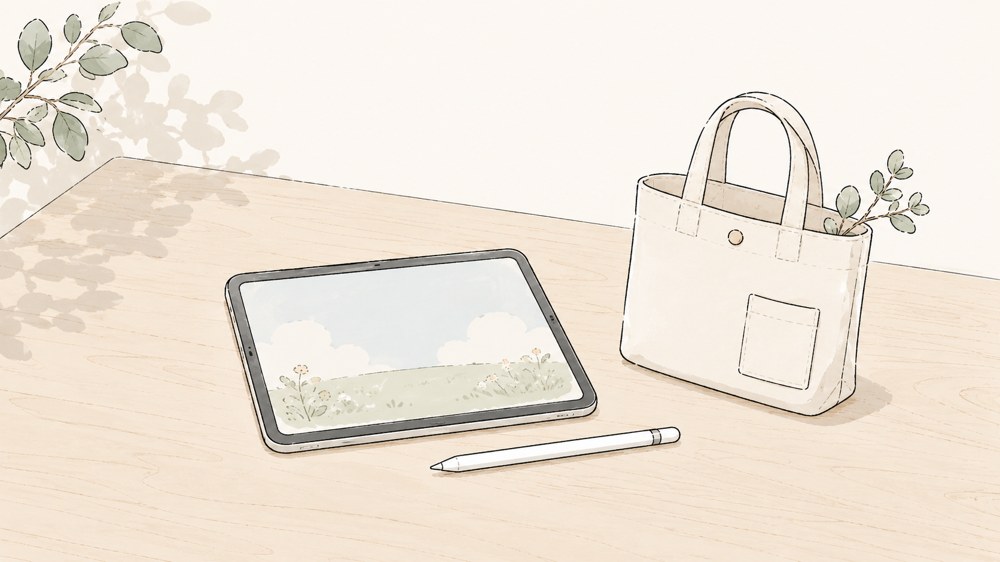 iPadとApple Pencil、トートバッグが机に置かれたイラスト。外にも持ち出せる身軽さを表現。