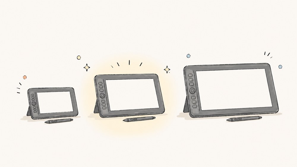 大きさの違う3枚の液晶ペンタブレットが並んだイラスト。真ん中の16型サイズが光って強調されている。