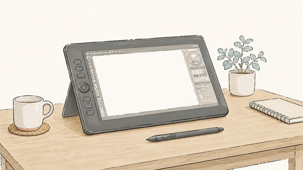 木の机の上に置かれた液晶ペンタブレットとペン、マグカップと観葉植物のイラスト。