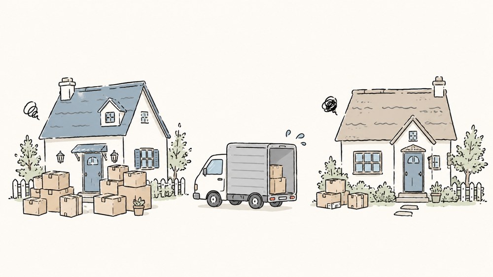 荷物を詰めた家と引っ越しトラックのイラスト。サーバーの乗り換えを引っ越しに例えて表現。