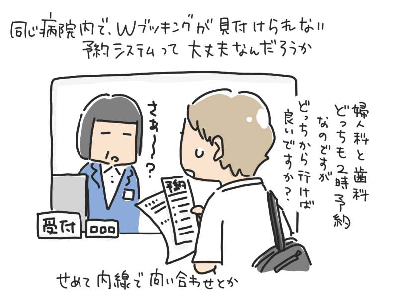 卵巣腫瘍の手術前、婦人科と歯科が同じ2時に予約されていることに気づき、どちらから行けばいいか病院の受付で尋ねている場面の漫画