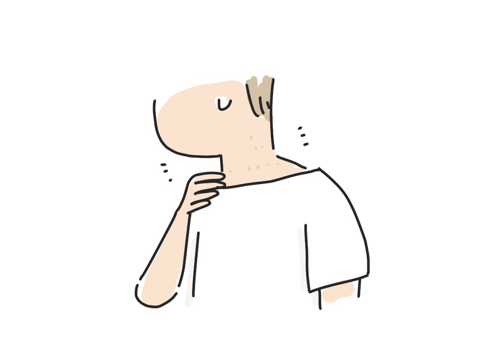 首すじを指先でそっと触って、小さなポツポツ（スキンタッグ）に気づいている女性のイラスト。