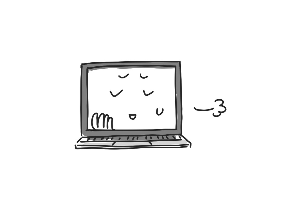 汗をかいた顔になっているノートパソコンのイラスト。調べた内容に動揺している様子。