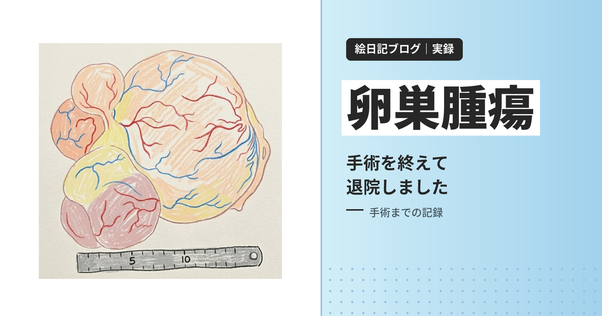 卵巣腫瘍の摘出後の様子を色鉛筆で描いたイラストと「卵巣腫瘍 手術を終えて退院しました」の文字を組み合わせたアイキャッチ画像