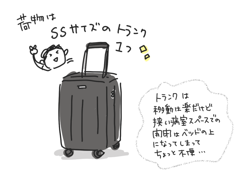 入院の荷物はSSサイズのトランク1つ。移動は楽だけれど、狭い病室では置き場所がベッドの上になってしまって少し不便だった