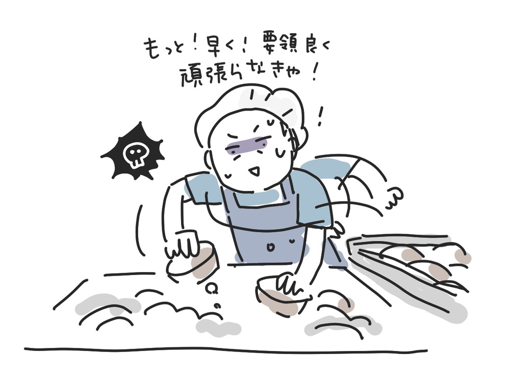 給食の厨房で「もっと！早く！要領良く頑張らなきゃ！」と焦って作業する私のイラスト