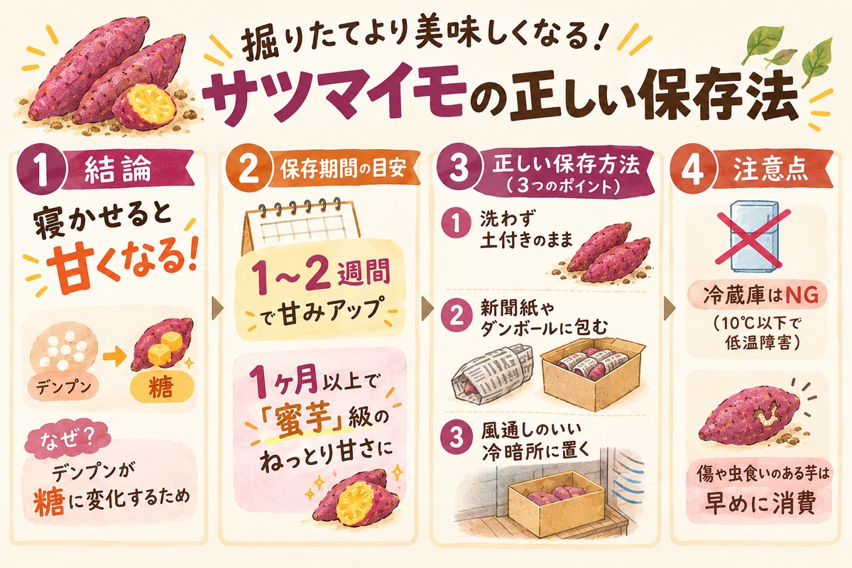 さつまいもは掘りたてより寝かせると甘くなることをまとめた図。1〜2週間で甘みアップ、1ヶ月以上で蜜芋級、新聞紙に包んで冷暗所で保存、冷蔵庫はNG