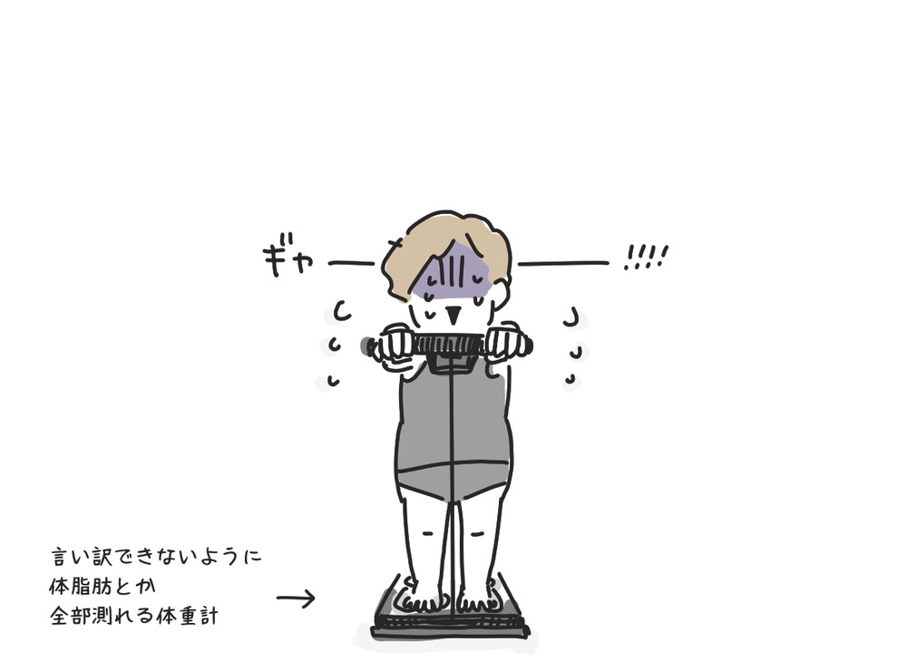 大学芋を食べすぎて、体脂肪まで測れる体重計に乗って「ギャー!!!!」と叫ぶ私の4コマ漫画(4コマ目)