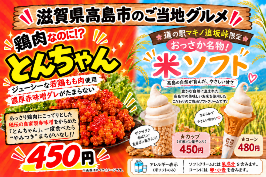 出典：ベジはるキッチン
滋賀県高島市のご当地グルメ「とんちゃん」「米ソフト」紹介